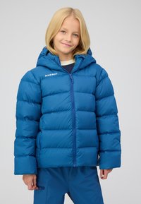 Blaues Pufferjackett mit Kapuze, mit einem Reißverschluss vorne, gerippten Bündchen und einem gesteppten Design. Logo auf der oberen linken Seite. Weiche Textur.