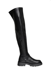 Botas negras de cuero por encima de la rodilla con un acabado suave, detalle de cremallera lateral y una suela de goma gruesa para tracción y estabilidad.