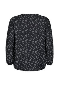 Blusa nera con un piccolo motivo a rombi bianchi, scollo rotondo e maniche puff lunghe, realizzata in tessuto morbido con una leggera trama.