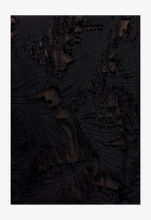 Zwart stof met tekstuur, versleten bladvormen, met verschillende graden van doorzichtigheid. Gladde oppervlakte met ingewikkelde details en lagen.