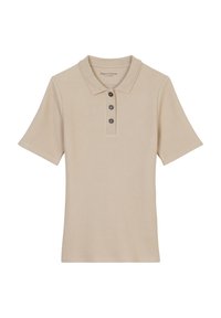 Beige polo shirt i ribbet tekstur, med krave og tre-knap lukning. Korte ærmer og lige kant.