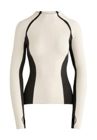 Svetr s dlouhým rukávem, pletený s žebrováním, s vysokým límcem, béžová přední část a rukávy, černé boční panely s otvory pro palce na manžetách.