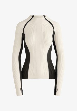 Maglione a maniche lunghe a costine con colletto alto, parte anteriore e maniche beige, e pannelli laterali neri con aperture per il pollice sui polsini.