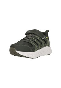 Idrottssko med en mörkgrön syntetisk ovandel med ett mönstrat design, grå snören och en vit vadderad sula. Stängning med kardborreband.