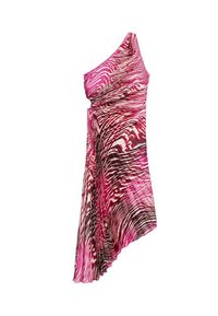 Abito asimmetrico a spalla unica in un motivo astratto rosa, bianco e marrone. Realizzato in tessuto leggero con delicate drappeggiature e texture plissettata.