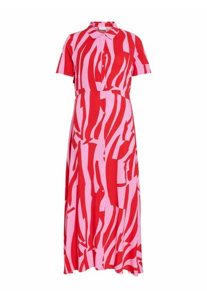 Crvena i ružičasta apstraktna prugasta haljina kratkih rukava s kopčanjem, ovratnikom i lepršavom dugom suknjom.