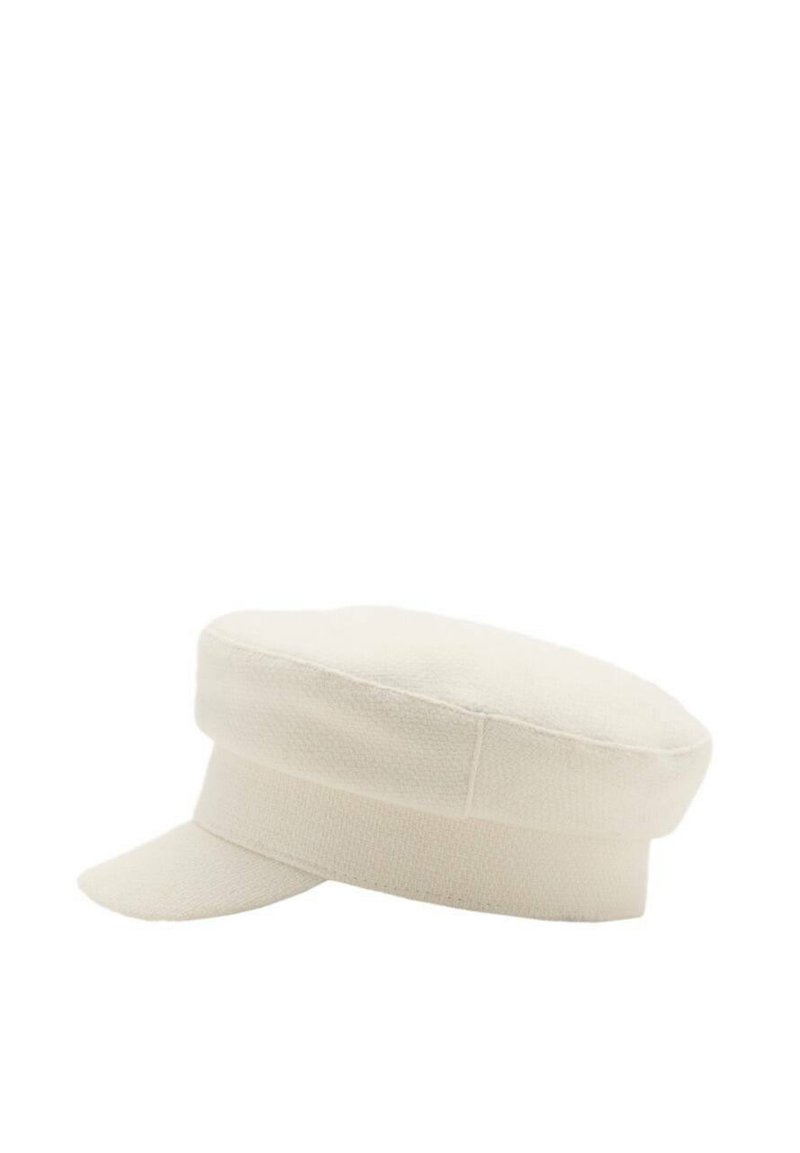 Weißes Baumwollcap mit flachem Oberteil, kurzem Schirm und strukturiertem Stoff. Verfügt über ein breites Band am unteren Ende für einen strukturierten Look.