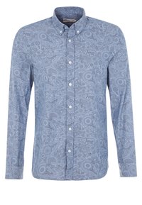 Chemise bleue à manches longues avec boutons, col pointu et un motif floral paisley foncé détaillé sur toute la surface.