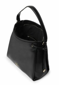 Borsa a mano in pelle nera con una texture liscia, una tasca interna con zip e dettagli in metallo dorato. Dotata di un unico manico superiore.