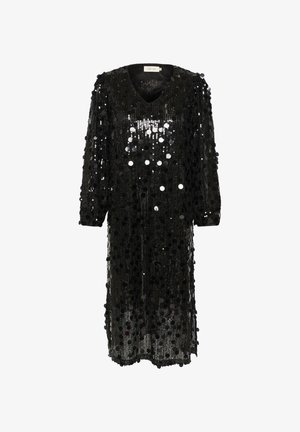Abito nero di paillettes con scollatura a V, maniche lunghe e vestibilità ampia. Presenta paillettes circolari che coprono la superficie e una lunghezza a metà polpaccio.