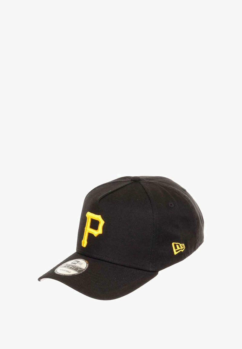 Black cap with a structured design, featuring a yellow embroidered "P" logo on the front and a small yellow logo on the side.