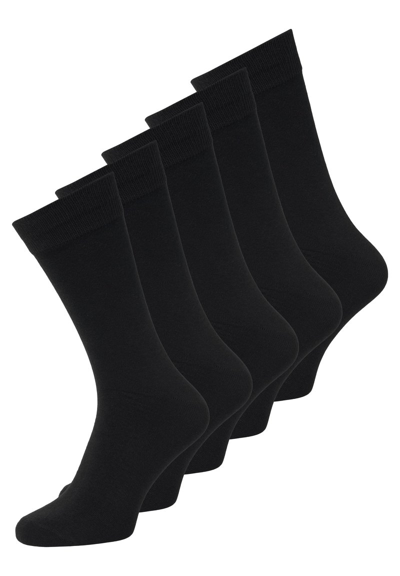 Black cotton socks in a pack of five, featuring ribbed cuffs and a seamless toe design. Smooth texture and standard crew length.