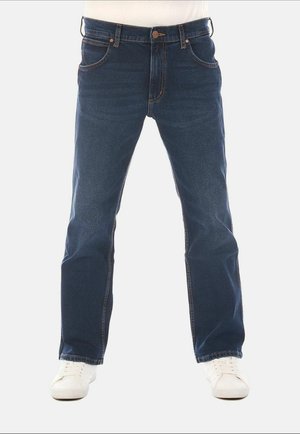 Donkerblauwe denim jeans met een rechte pijp, vijf zakken, subtiele stikseldetails en een klassiek taillebandontwerp.
