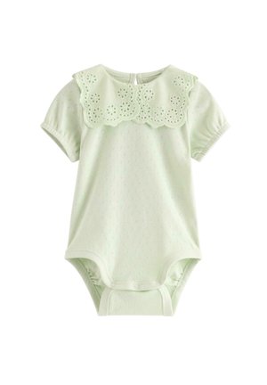 Lys grøn kortærmet babyonesie med øjeldsstof og bølget broderet krave, trykknapper ved skridtet.