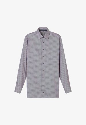 Overhemd met lange mouwen in lichtpaars stof, met een klein herhalend patroon in blauw en rood, een borstzak en een kraag.