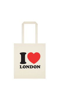 Bawełniana torba na ramię w kolorze kremowym z napisem "I ♥ LONDON"; wyrazista, czarna i czerwona typografia; prostokątny kształt z prostymi uchwytami.