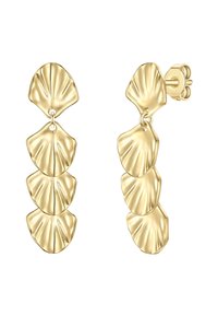 Boucles d'oreilles en tonalité dorée présentant trois pendentifs en forme de feuilles texturées disposés verticalement. Le design comprend une fermeture à tige sécurisée.