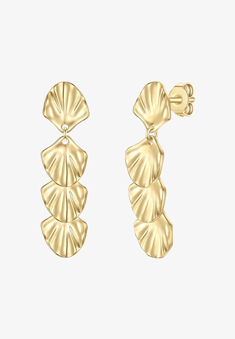 Boucles d'oreilles en tonalité dorée présentant trois pendentifs en forme de feuilles texturées disposés verticalement. Le design comprend une fermeture à tige sécurisée.