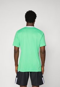 Grünes Sport-T-Shirt aus glattem, leichtem Stoff. Kurze Ärmel, Rundhalsausschnitt und kontrastierende weiße Akzente am Kragen.