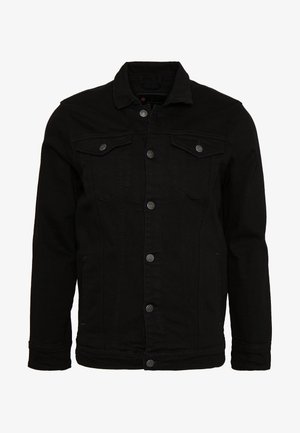 Zwarte denimjas met een klassiek design, voorzien van knoopsluitingen, twee borstzakken en een licht gestructureerd oppervlak.