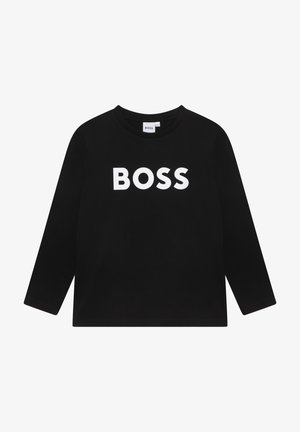 Czarny t-shirt z długim rękawem wykonany z bawełny, z widocznym białym logo "BOSS" na przodzie. Okrągły dekolt i prosty design.