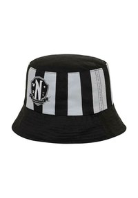 Chapeau seau rayé noir et gris en coton, avec un logo en forme de bouclier portant la lettre "N" sur le devant et un large bord flexible.