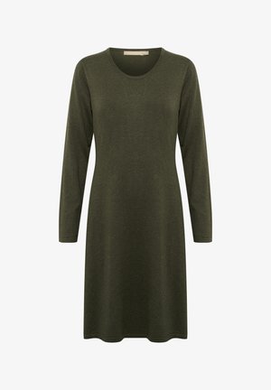 Langdurige mouwen, olijfgroene jurk gemaakt van zachte brei stof. Beschikt over een ronde hals en een rechte silhouet met een zoomlijn boven de knie.