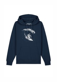 Navyblauwe hoodie met kangoeroezak, voorzien van een witte afbeelding van een astronaut die op een golf surft, met een trekkoordcapuchon en ribgebreide manchet.