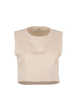 Top corto beige senza maniche con collo rotondo e spalle leggermente strutturate, con etichetta "Acanfora" all'interno del collo.