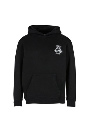 Sweat à capuche noir avec une poche avant, des poignets côtelés et un petit logo blanc imprimé sur la poitrine gauche. Matière en coton, coupe décontractée.