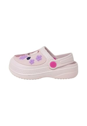 Zoccolo rosa chiaro con decorazioni floreali viola, bottone rosa sulla fascia, suola strutturata e cinturino regolabile sul tallone.