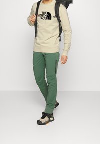Sudadera beige con logotipo negro, pantalones verdes con cremalleras laterales y zapatos multicolores. Completado con una mochila negra.