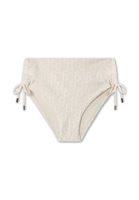Crèmekleurige bikinionderkant met een gestructureerd cirkelpatroon, verstelbare zijknoopjes en metallic accenten op de knoopjes.