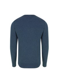 Ciemnoniebieski sweter wykonany z miękkiego materiału, z okrągłym dekoltem i długimi rękawami. Tył jest gładki i ma jednolitą strukturę.