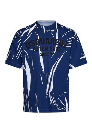 Navyblaue Baumwoll-T-Shirt mit weißen abstrakten Mustern, schwarzer Schrift "DSQUARED2 Caten Bros seit '64" auf der Vorderseite. Kurze Ärmel, Rundhalsausschnitt.