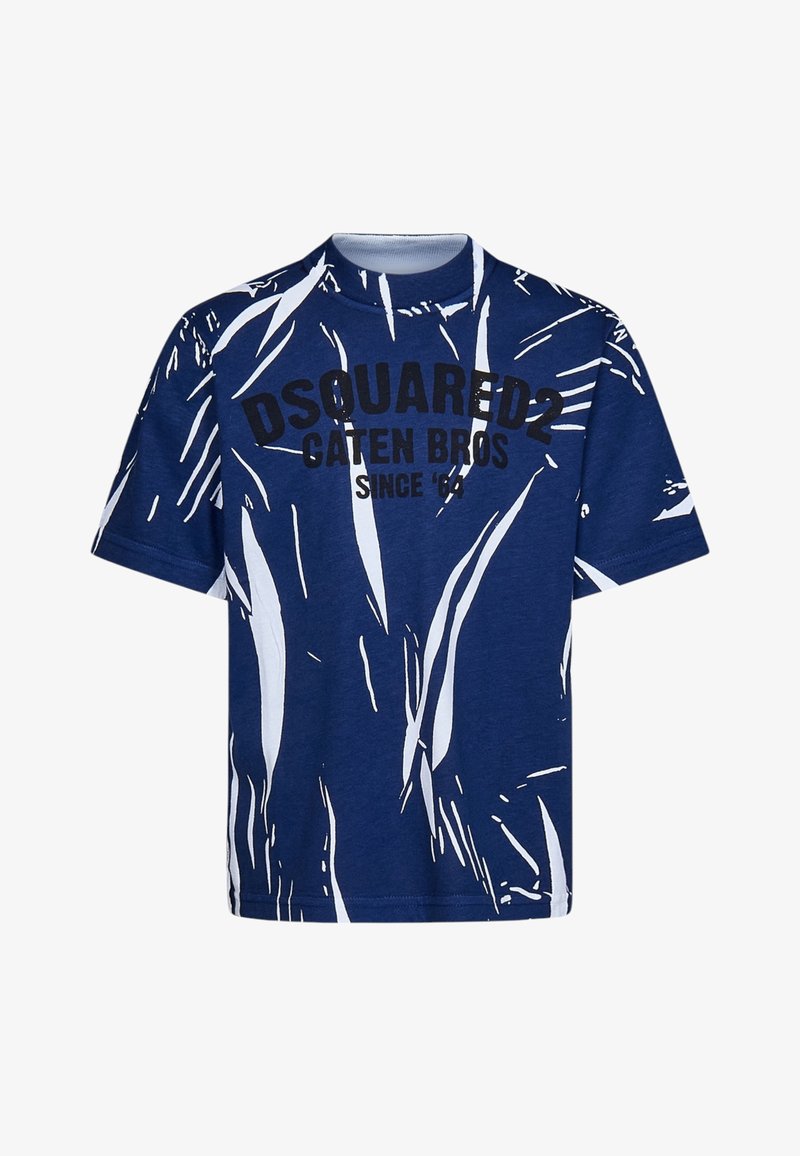 Navyblaue Baumwoll-T-Shirt mit weißen abstrakten Mustern, schwarzer Schrift "DSQUARED2 Caten Bros seit '64" auf der Vorderseite. Kurze Ärmel, Rundhalsausschnitt.