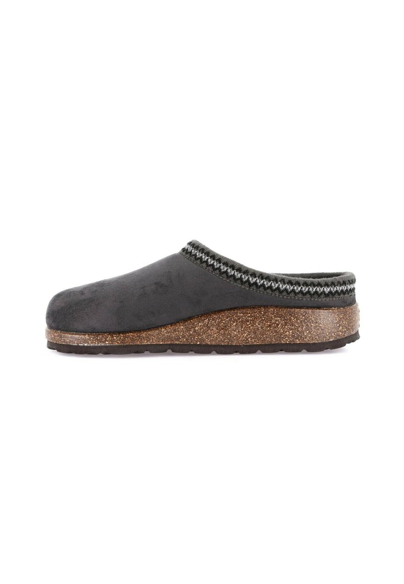 Zoccolo in suede nero con un sottopiede in sughero testurizzato, caratterizzato da un elegante bordo decorativo intrecciato grigio e bianco attorno al bordo superiore.