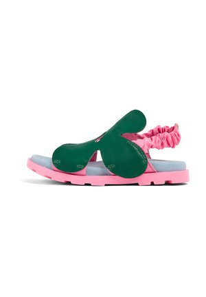 Grüne Leder-Sandalen mit pinken elastischen Riemen, blauen Innensohlen und einer klobigen pinken Sohle. Verfügen über ein Cut-out-Design und strukturierte Akzente.