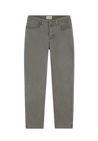 Vaqueros de mezclilla gris con corte recto, que cuentan con bolsillos delanteros, una cremallera de botones y detalles de costura sutiles. Diseñados para un uso casual.