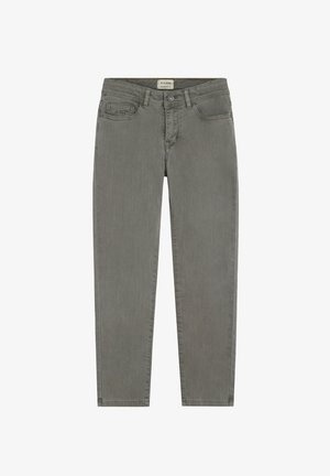Vaqueros de mezclilla gris con corte recto, que cuentan con bolsillos delanteros, una cremallera de botones y detalles de costura sutiles. Diseñados para un uso casual.
