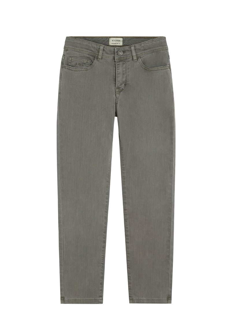 Vaqueros de mezclilla gris con corte recto, que cuentan con bolsillos delanteros, una cremallera de botones y detalles de costura sutiles. Diseñados para un uso casual.