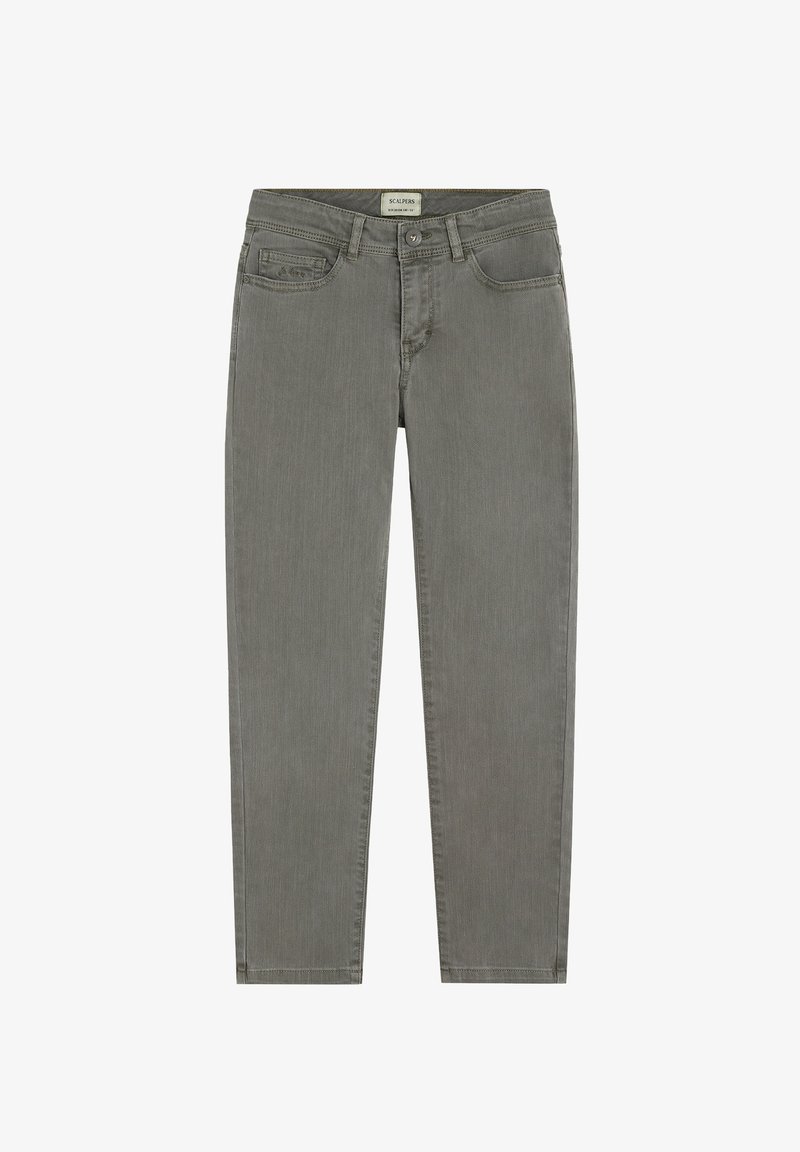 Jeans din denim gri cu croială dreptă, dotate cu buzunare frontale, închidere cu buton și detalii de cusătură subtile. Concepute pentru uz casual.