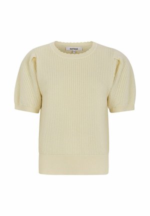 Strukturierter, kurzärmeliger Pullover in blassem Gelb, mit ribbeltem Halsausschnitt und Bündchen, leicht lockerer Passform und subtilen, puffigen Ärmeln.