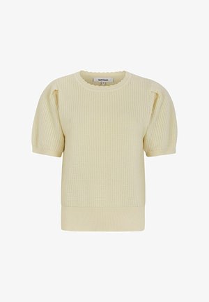 Pārklāta, īsām piedurknēm džemperis maigā dzeltenā krāsā ar ribotu apkakli un piedurknēm, nedaudz brīvs piegriezums un smalku puftētu piedurkņu dizains.