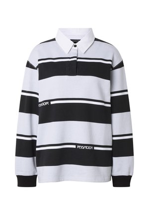 Langärmliges Poloshirt mit weißem Kragen, versehen mit horizontalen schwarzen und weißen Streifen und dem Schriftzug "PEGADOR" auf der Brust und dem unteren Vorderteil.