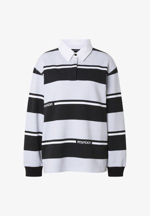 Langärmliges Poloshirt mit weißem Kragen, versehen mit horizontalen schwarzen und weißen Streifen und dem Schriftzug "PEGADOR" auf der Brust und dem unteren Vorderteil.