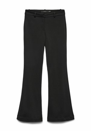 Pantaloni da donna neri con vita media, passanti per cintura e gambe larghe leggermente svasate.