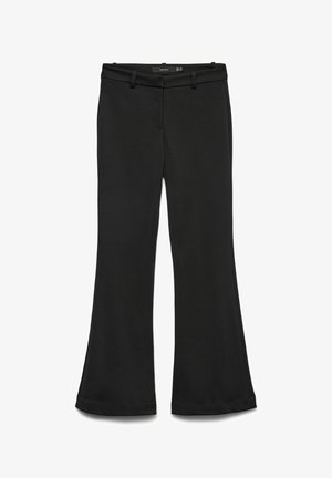 Črne hlače za ženske z srednjim pasom, zanke za pas in rahlo razširjenimi širokimi hlačnicami.