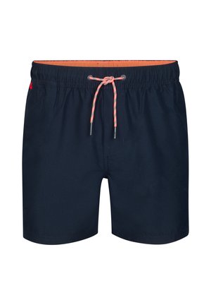 Marineblauwe zwembroek gemaakt van lichtgewicht stof, voorzien van een elastische tailleband met een oranje binnenvoering en een aantrekkoord.