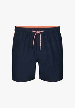 Shorts de bain bleu marine en tissu léger, dotés d'une taille élastique avec une doublure intérieure orange et un cordon de serrage.